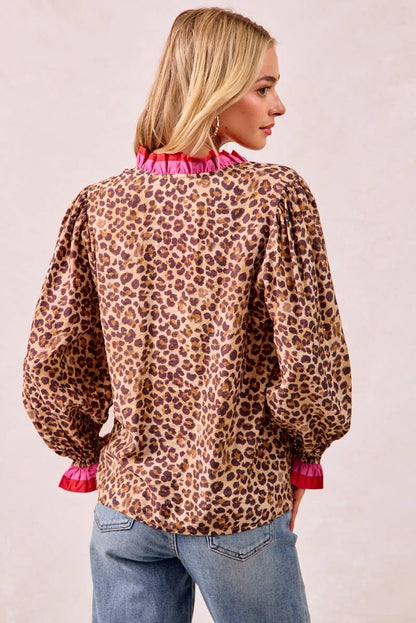 Leopard Printed Top With Stripe Wavy Trim Detail