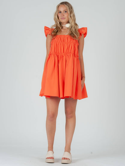 Poplin tiered flutter sleeve dress