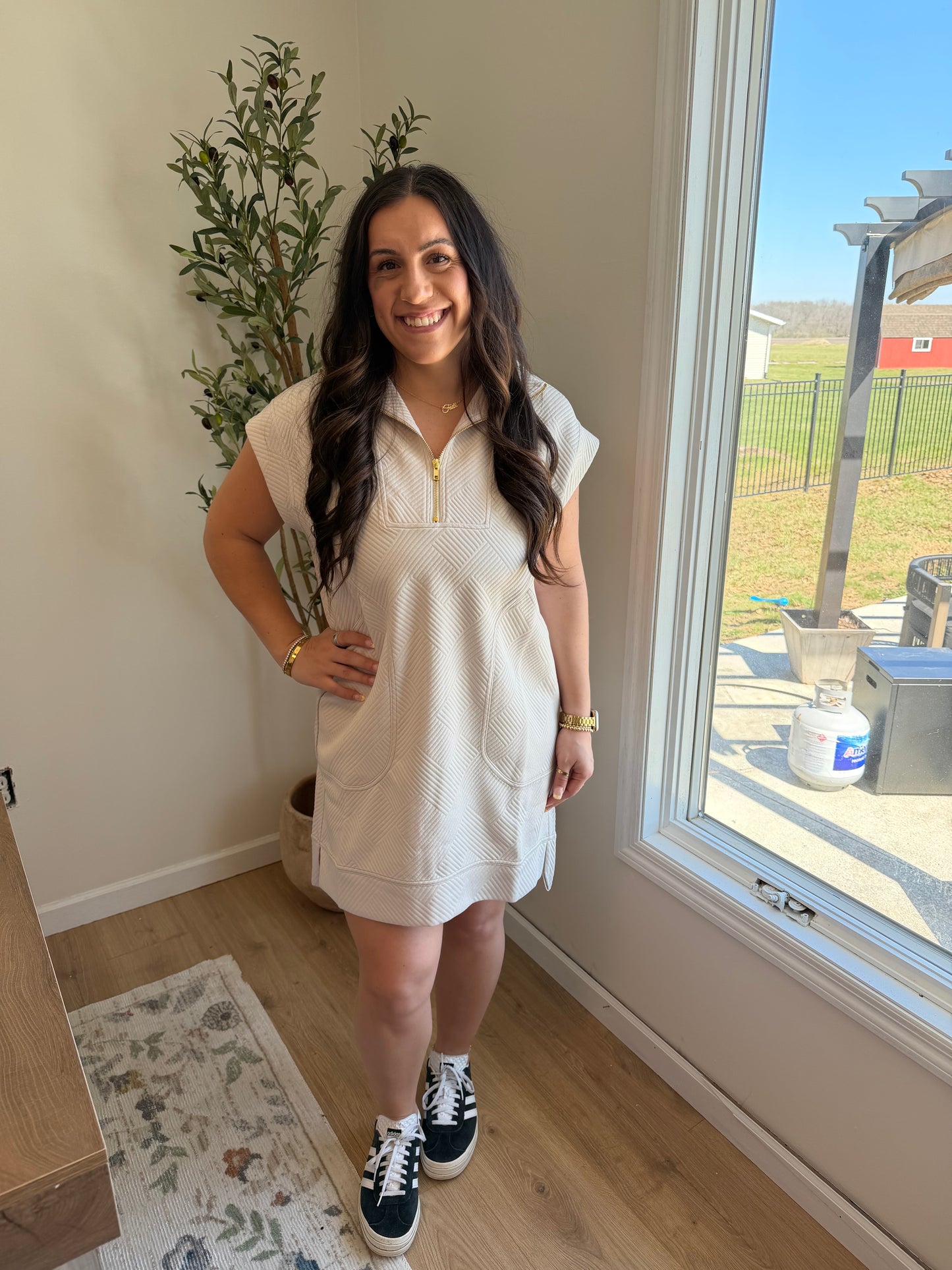 Textured Jacquard Quarter Zip Dress