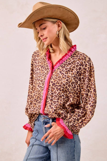 Leopard Printed Top With Stripe Wavy Trim Detail