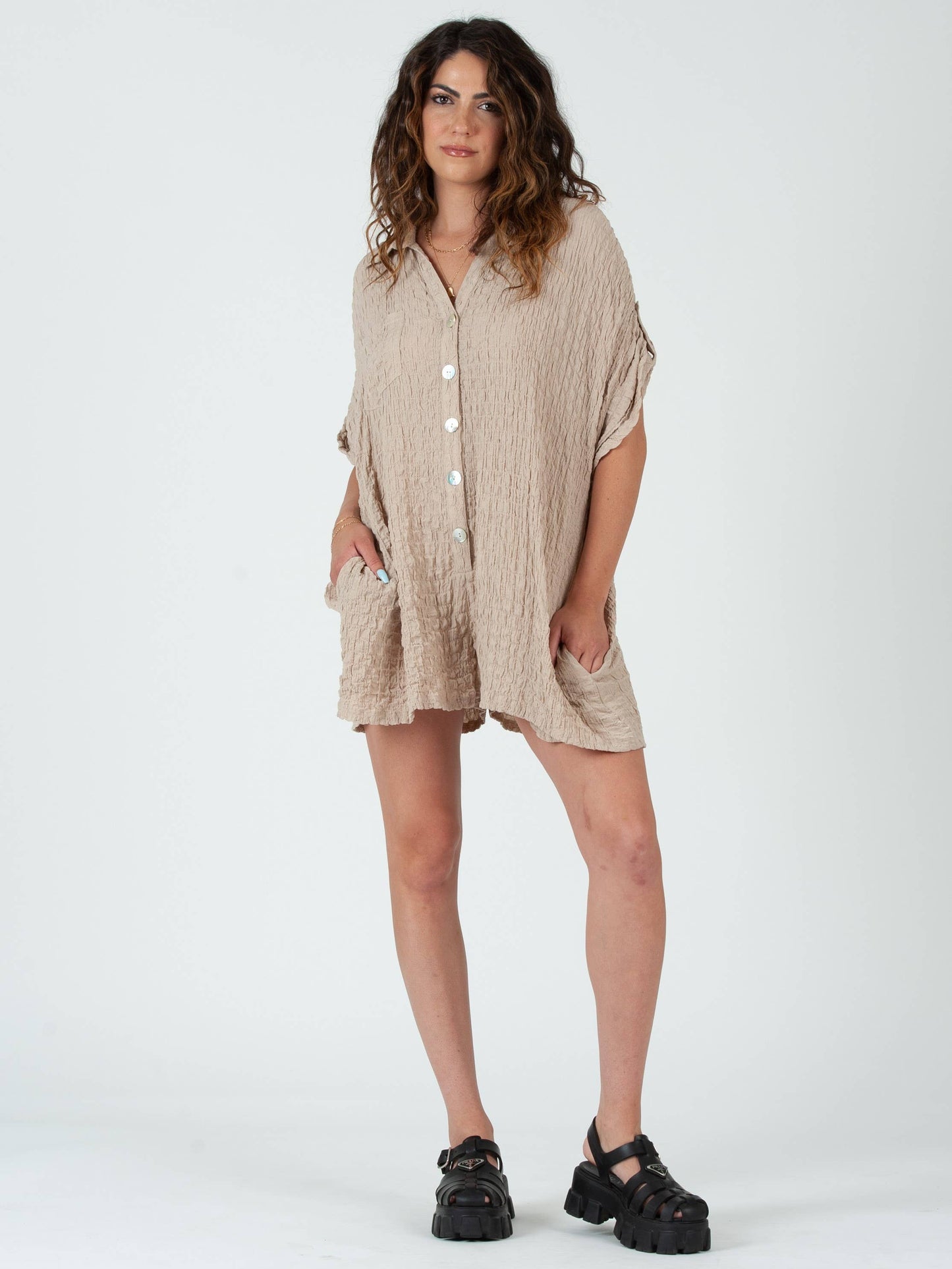 Beige Button Down Romper
