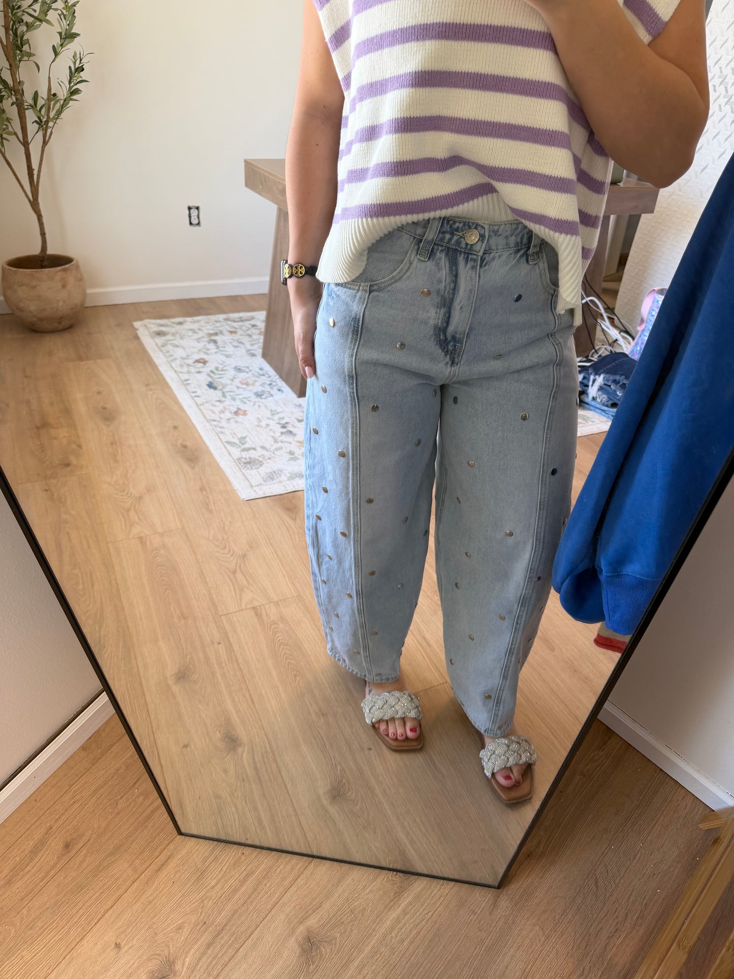 STUDDED BARREL DENIM PANTS