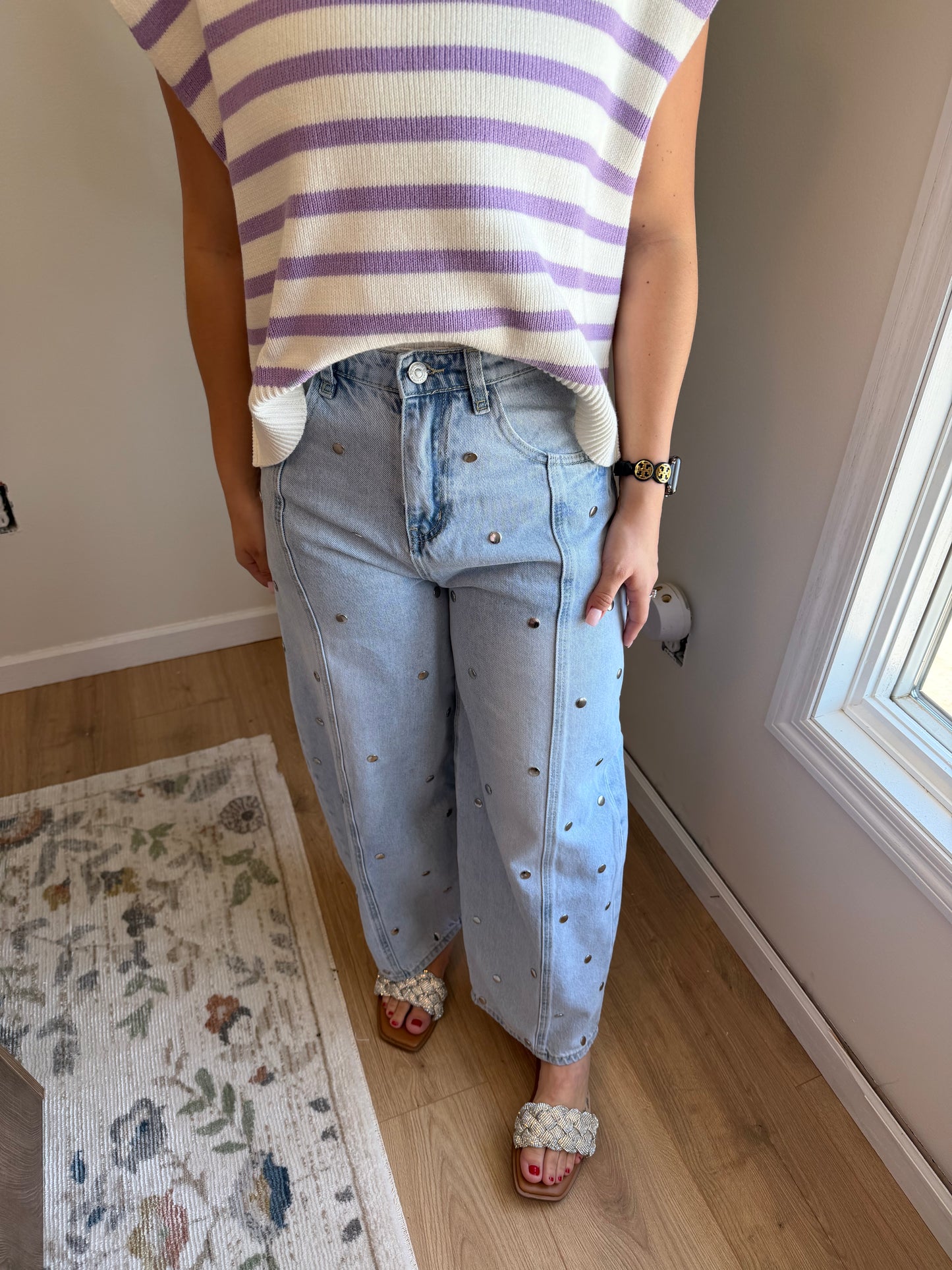 STUDDED BARREL DENIM PANTS
