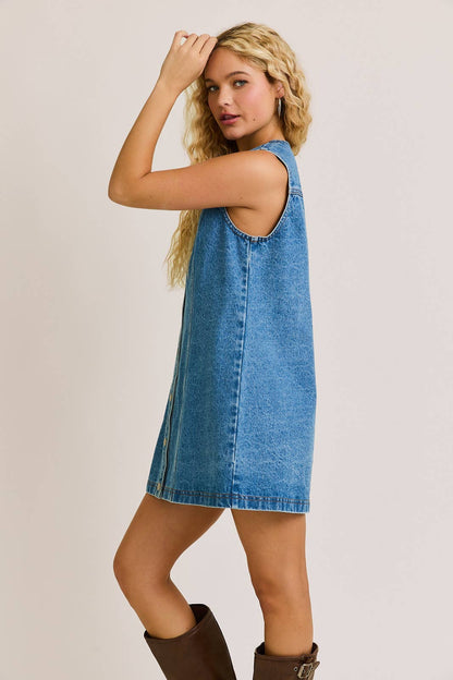 SLEEVE BUTTON DOWN DENIM MINI DRESS