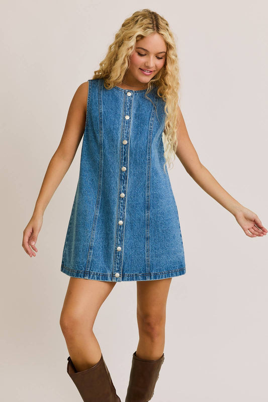 SLEEVE BUTTON DOWN DENIM MINI DRESS