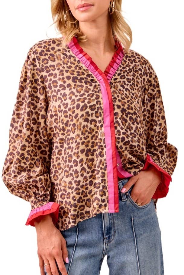 Leopard Printed Top With Stripe Wavy Trim Detail